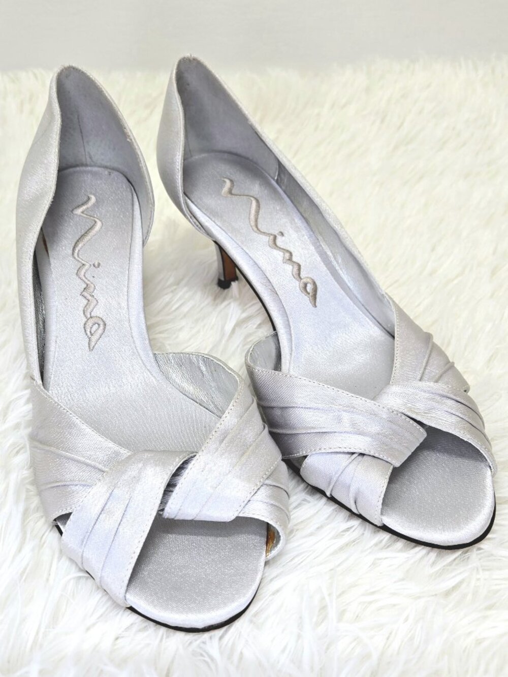 Nina Contesa Silver Satin d'Orsay Peep Toe Kitten Heels 7.5